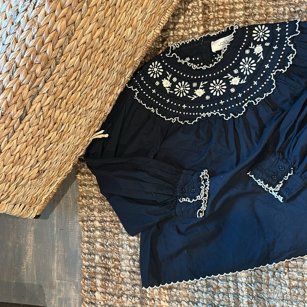 THE GREAT. Navy Blue Embroidered Peasant Blouse with White Trim - Picture 3 of 11